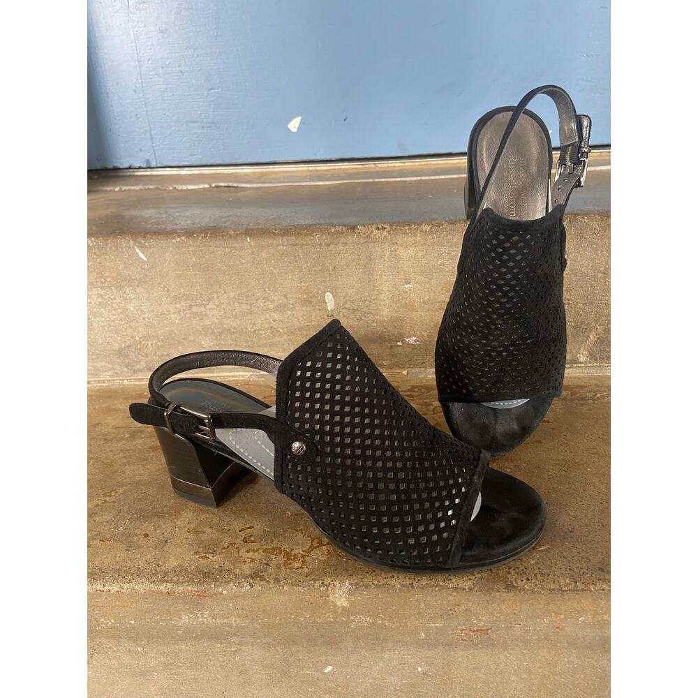 Stuart Weitzman black perforated sueded open toe slingback sandal